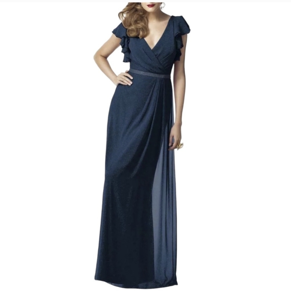 NWT DESSY COLLECTION 2874LS Lux Shimmer Midnight Gold Flutter V-Neck